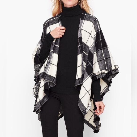 Talbots Ruffle Black and White Plaid Ruana Size M/L - Picture 1 of 7